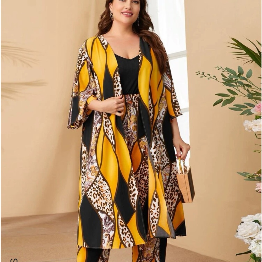 Shein Plus Leopard Print Colorblock Coat & Pants … - image 1